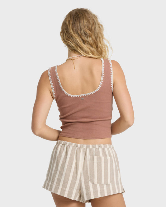 Billabong Shell Time Tank in Sugar Almond with white crochet trim, back view on model