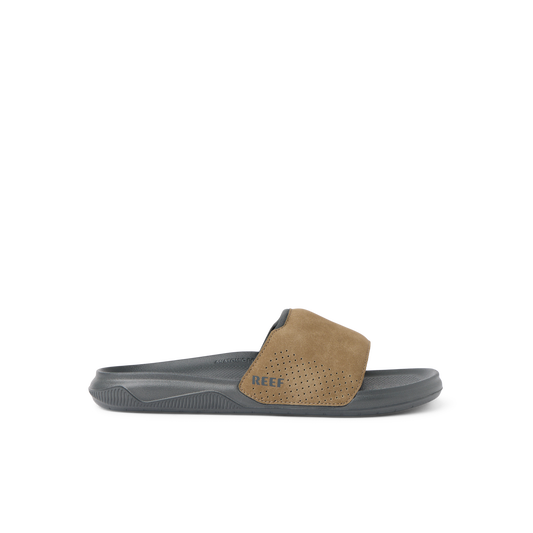 Reef Men's Tailslide sandal in grey and tan colorway on white background