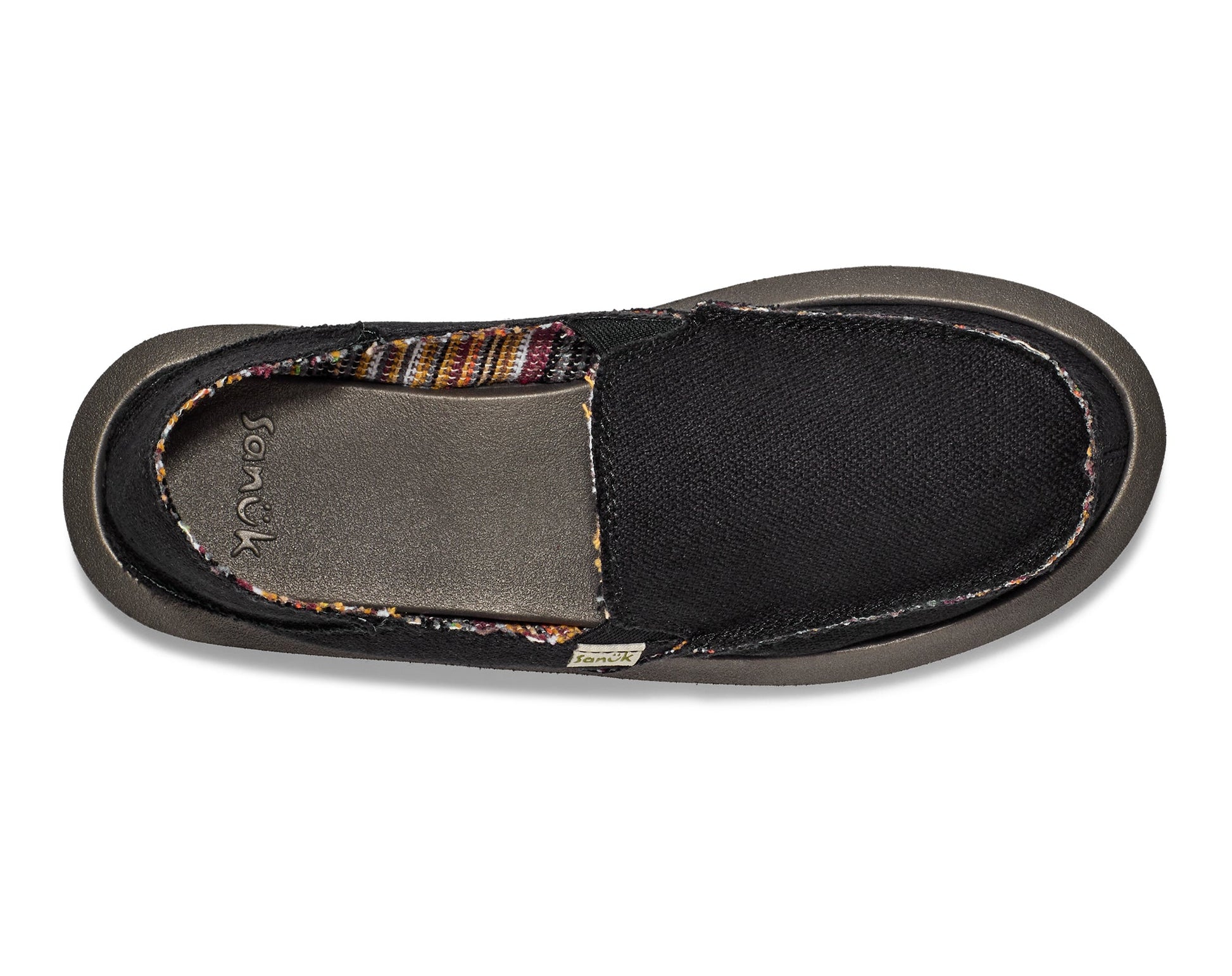 Sanuk W Donna Hemp 2 Tone black slip-on shoe with colorful patterned trim