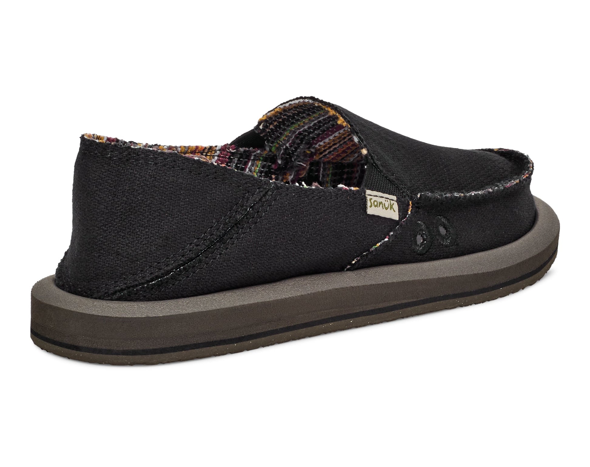 Sanuk Women's Donna Hemp 2 Tone slip-on shoe in black with patterned trim