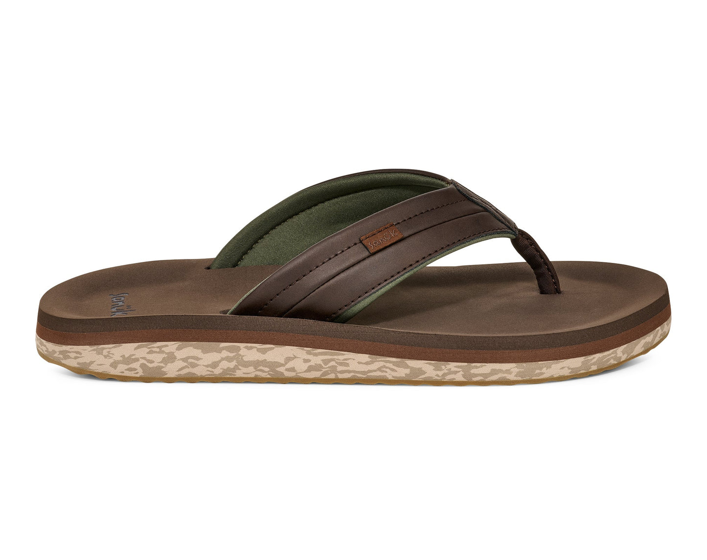 Sanuk M Tiderush flip-flop sandal in dark brown leather with olive green fabric accents
