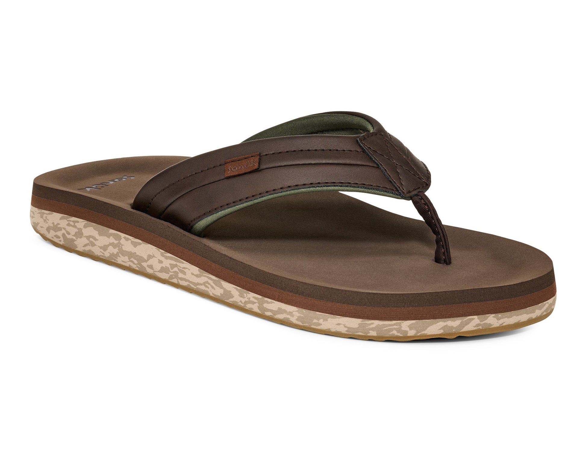 Sanuk M Tiderush dark brown flip flop sandal with olive green accents