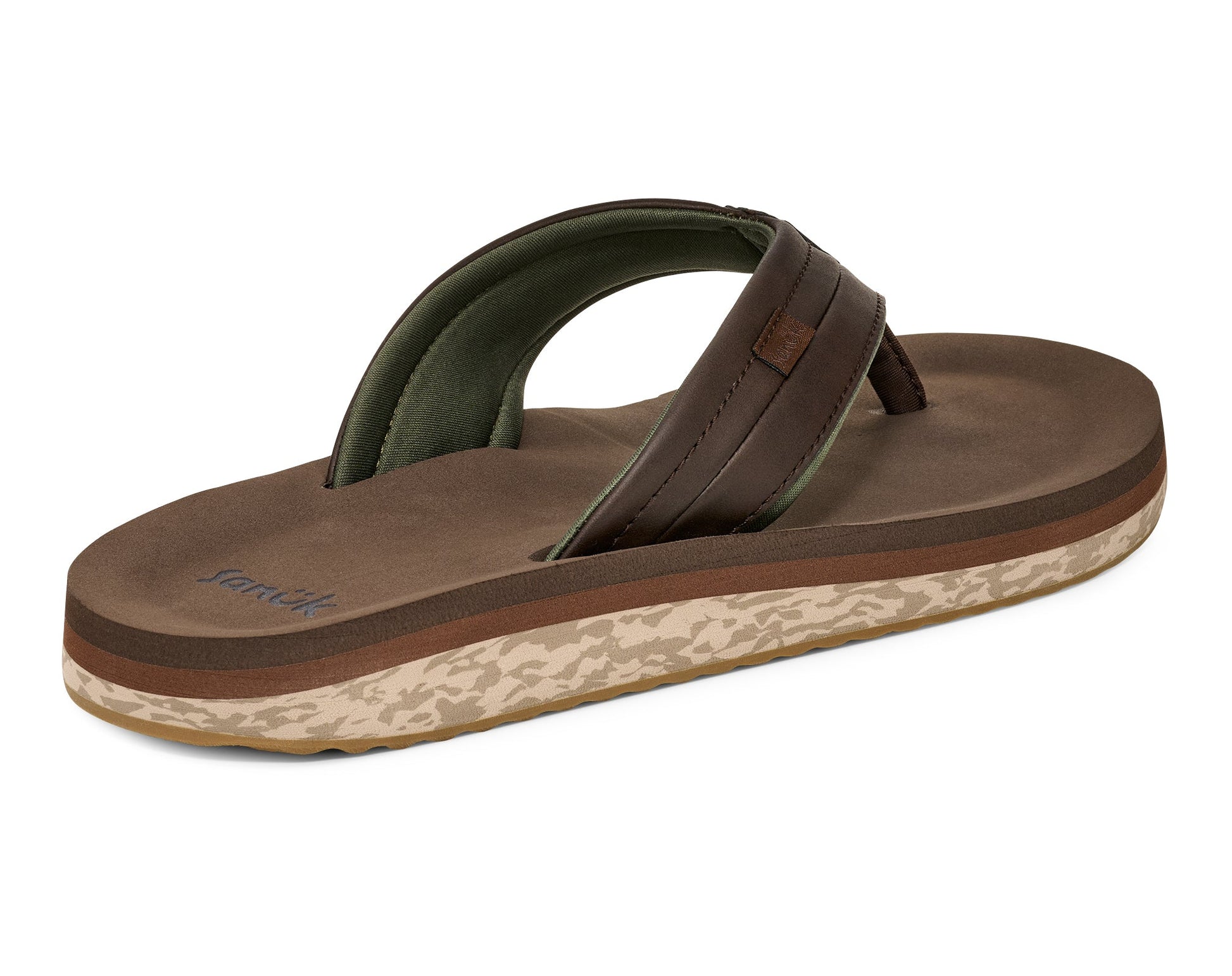 Sanuk M Tiderush flip-flop sandal in dark brown with olive green straps