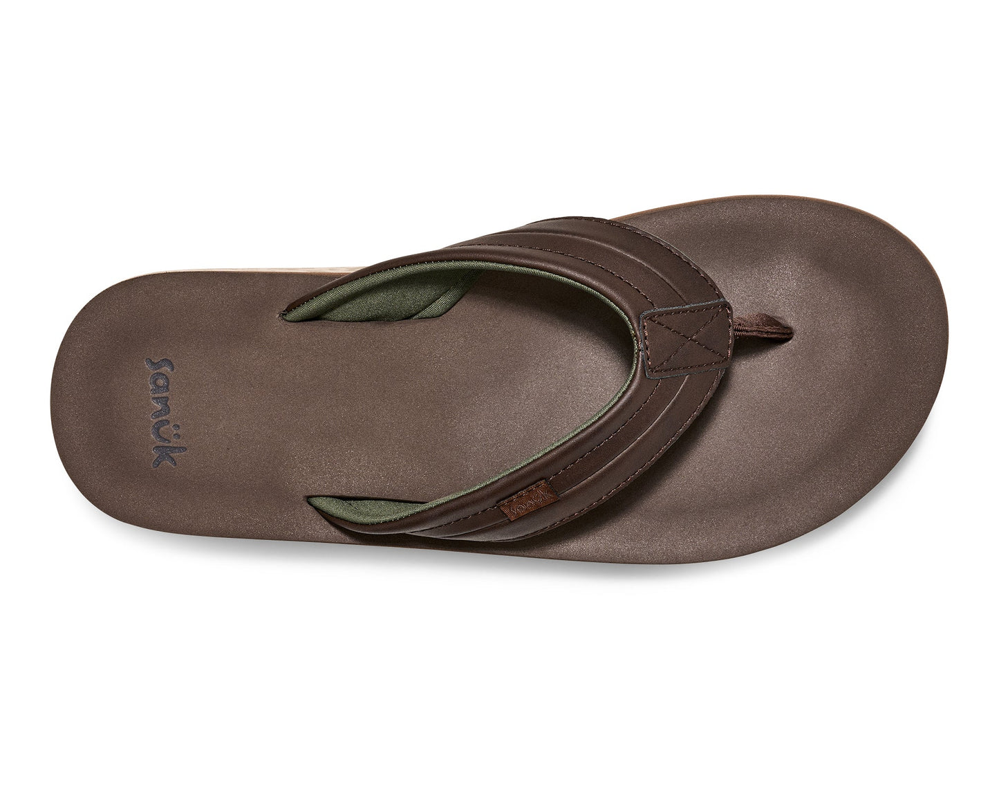 Sanuk M Tiderush dark brown leather flip flop sandal with green fabric lining