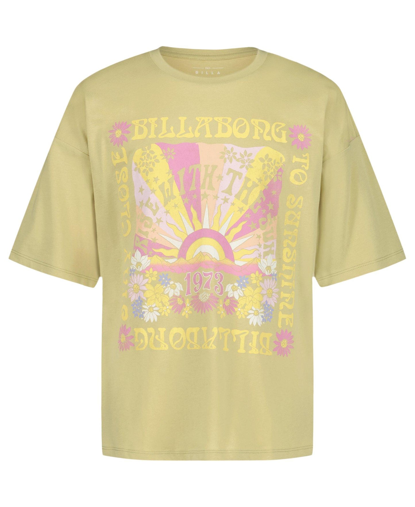 Billabong Girls' Sunshine Oversized T-Shirt in sage green with retro floral sun graphic