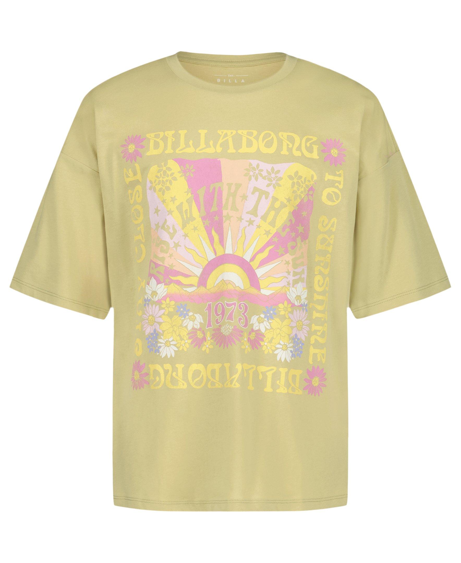 Billabong Girls' Sunshine Oversized T-Shirt in sage green with retro floral sun graphic