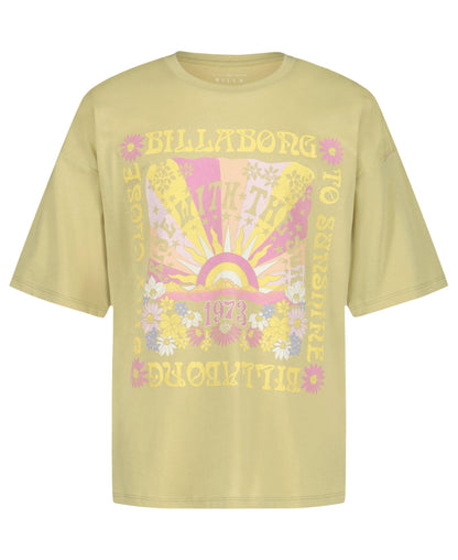 Billabong Girls' Sunshine Oversized T-Shirt in sage green with retro floral sun graphic