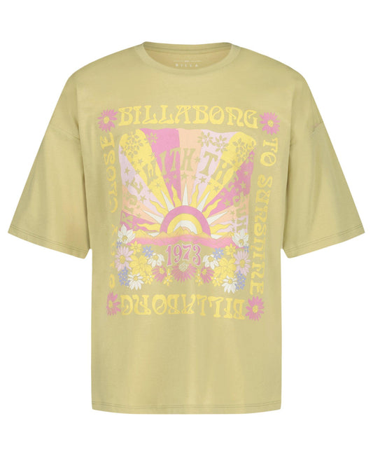 Billabong Girls' Sunshine Oversized T-Shirt in sage green with retro floral sun graphic