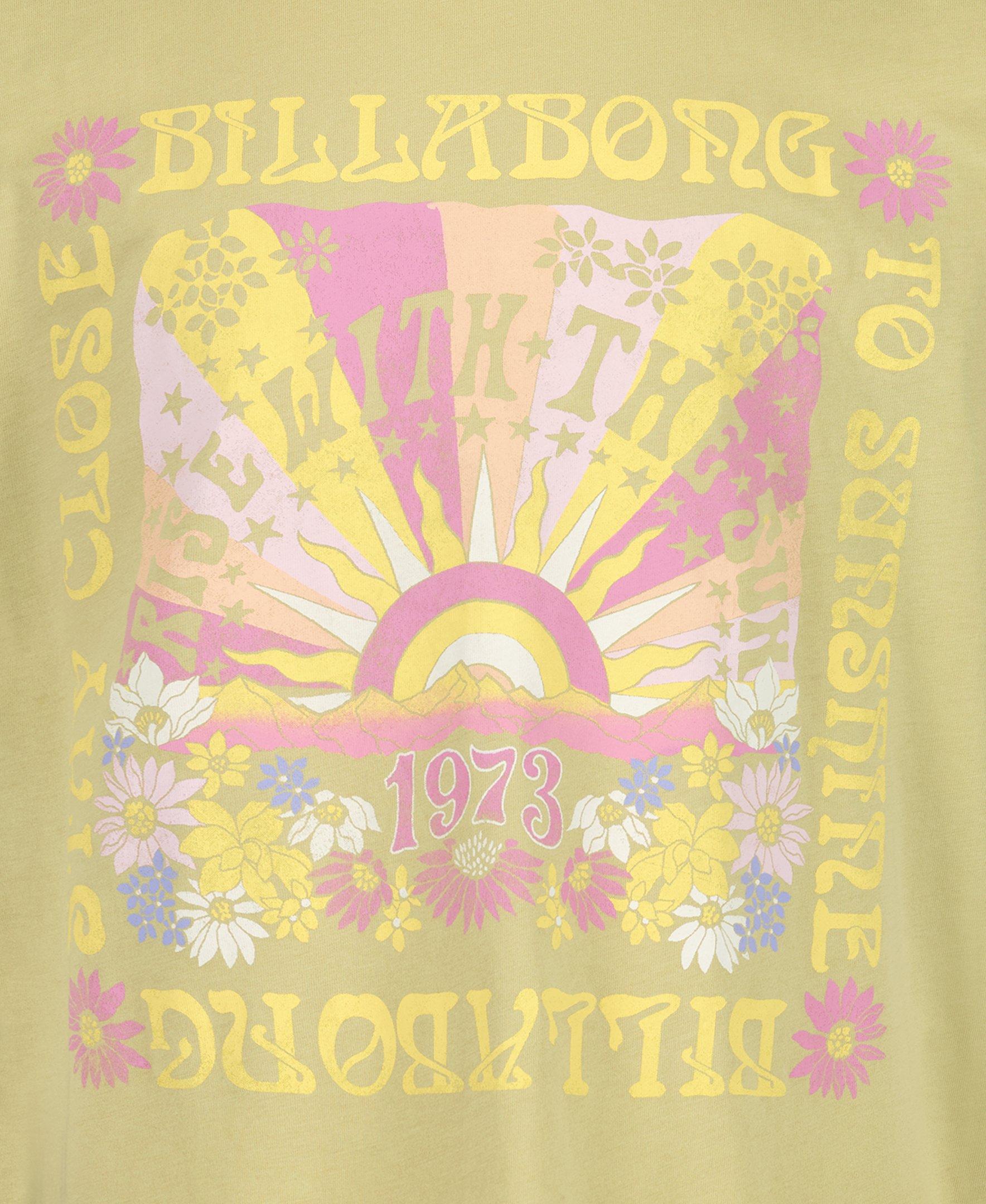 Billabong Girls' Sunshine Oversized T-Shirt in sage green with retro sun graphic and 1973 text