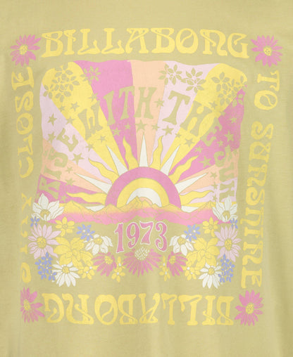 Billabong Girls' Sunshine Oversized T-Shirt in sage green with retro sun graphic and 1973 text