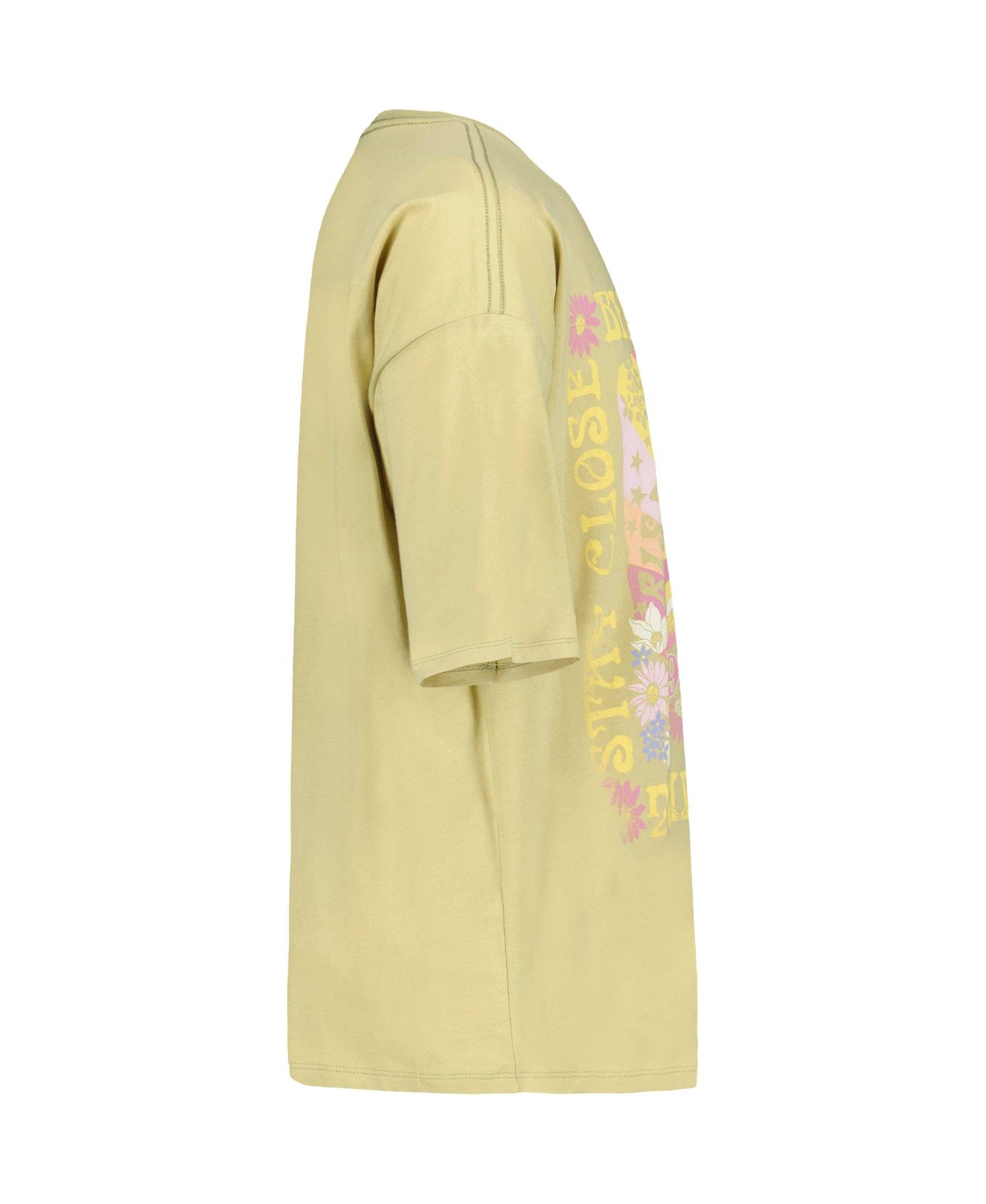 Billabong Girls' Sunshine Oversized T-Shirt in sage green with floral graphic print, side view