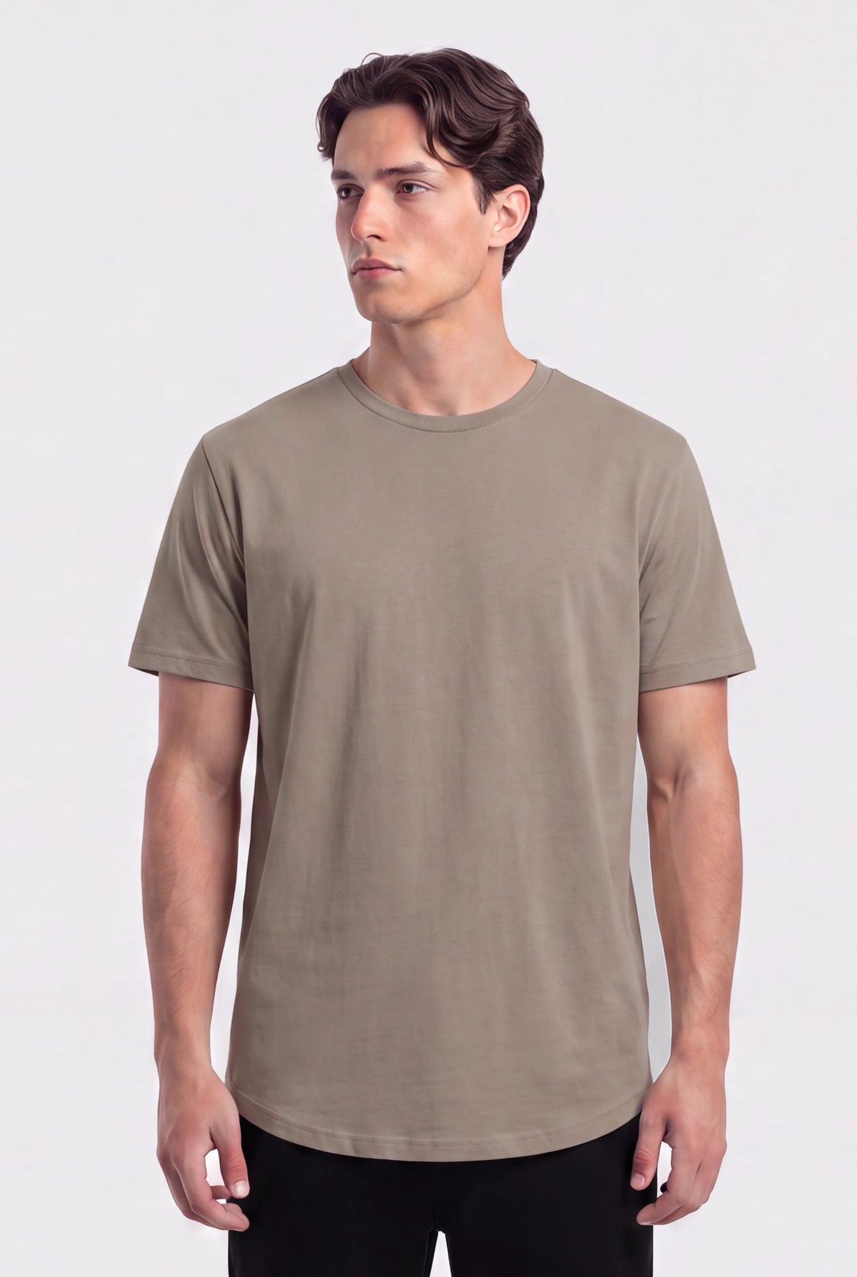 Male model wearing a khaki basic crew neck short sleeve tee against white background