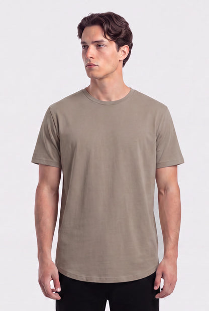 Male model wearing a khaki basic crew neck short sleeve tee against white background