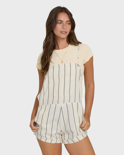 Billabong Wild Pursuit Overall YD in White Cap pinstripe worn over cream tee
