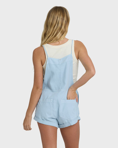 Billabong Wild Pursuit Overall Solid in washed chambray blue, back view on model