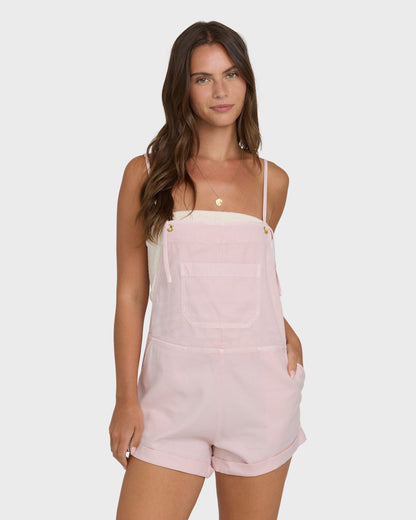 Billabong Wild Pursuit Overall Solid in Rosewater pink worn by brunette model