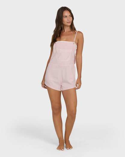 Billabong Wild Pursuit Overall Solid in Rosewater pink worn by brunette model barefoot