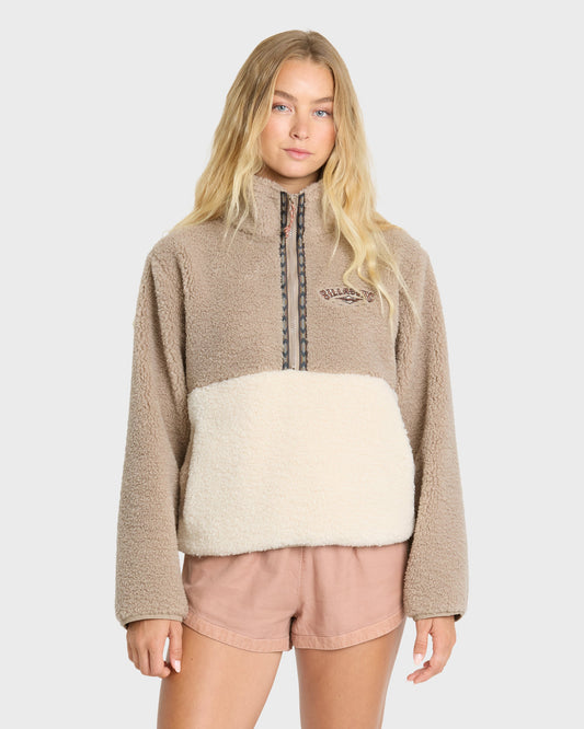 Billabong Horizon Sherpa Mock Neck in Cobblestone colorway worn by female model