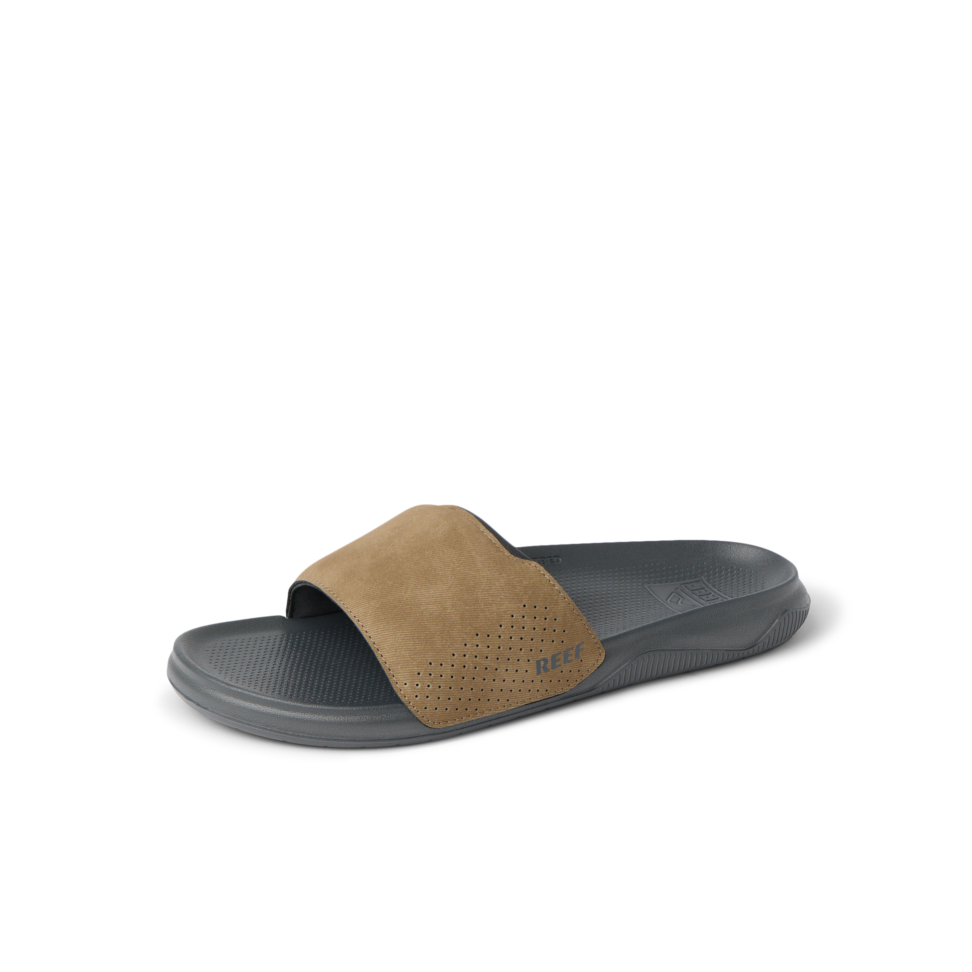 Reef Men's Tailslide sandal with tan canvas strap and grey sole