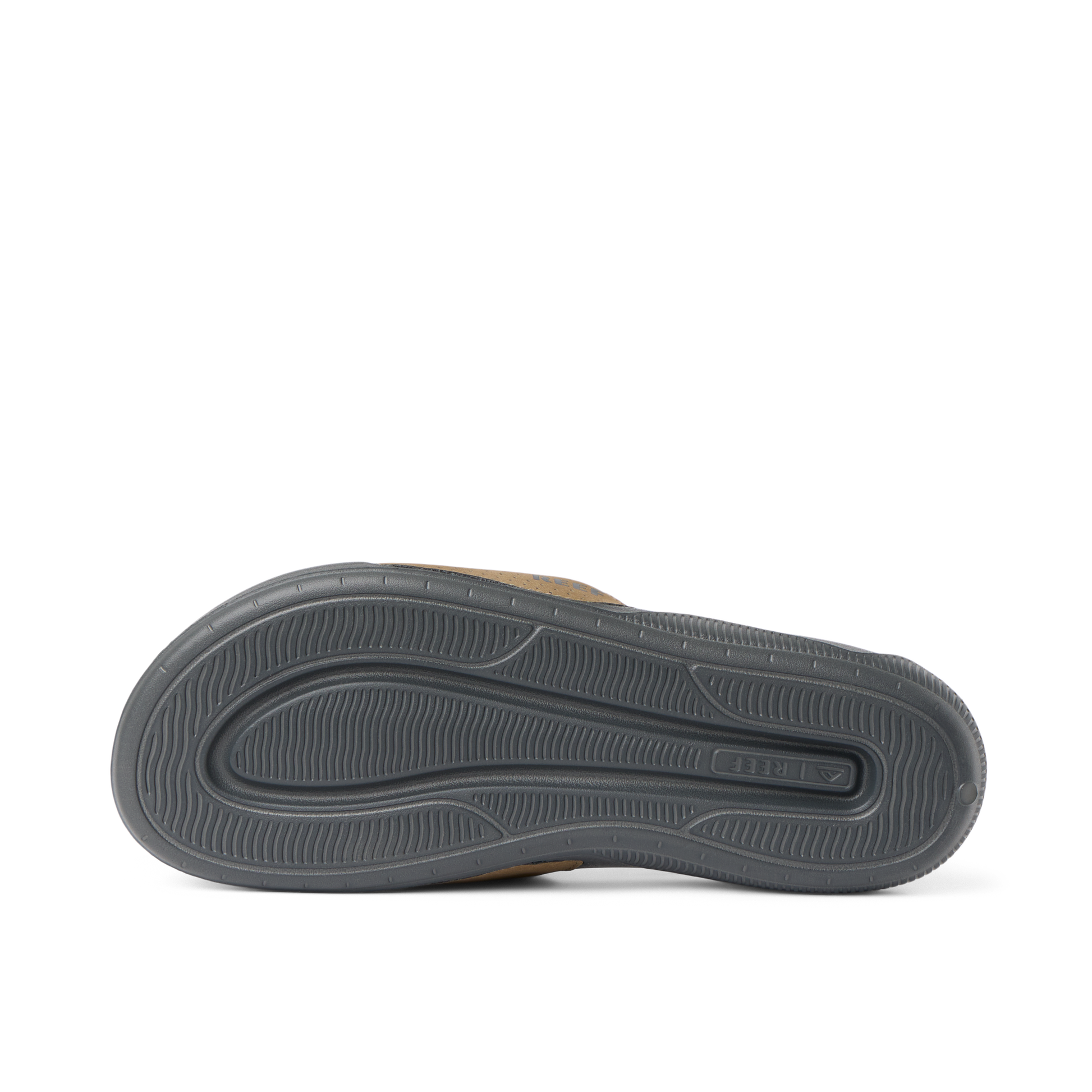 Reef Men's Tailslide sandal sole view showing brown tan upper with grey textured outsole