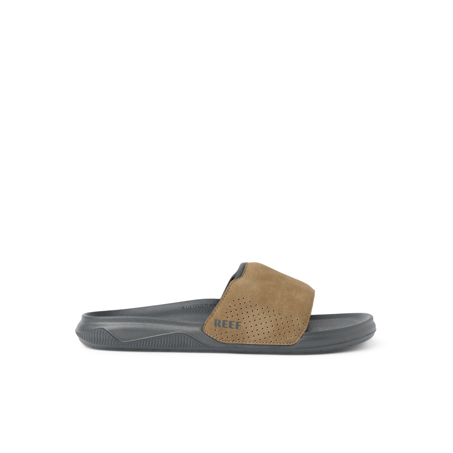 Reef Men's Tailslide sandal in grey and tan colorway on white background