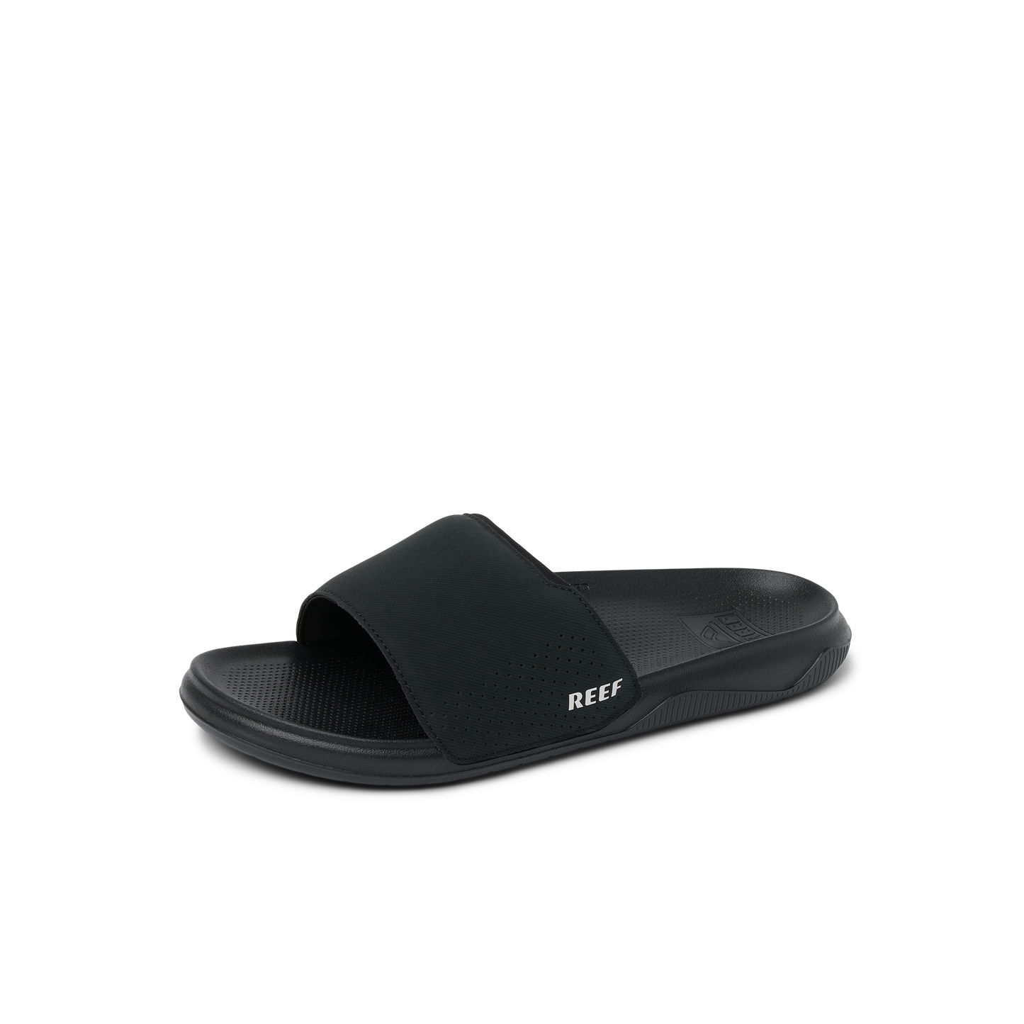 Black Reef Men's Tailslide sandal with textured footbed on white background