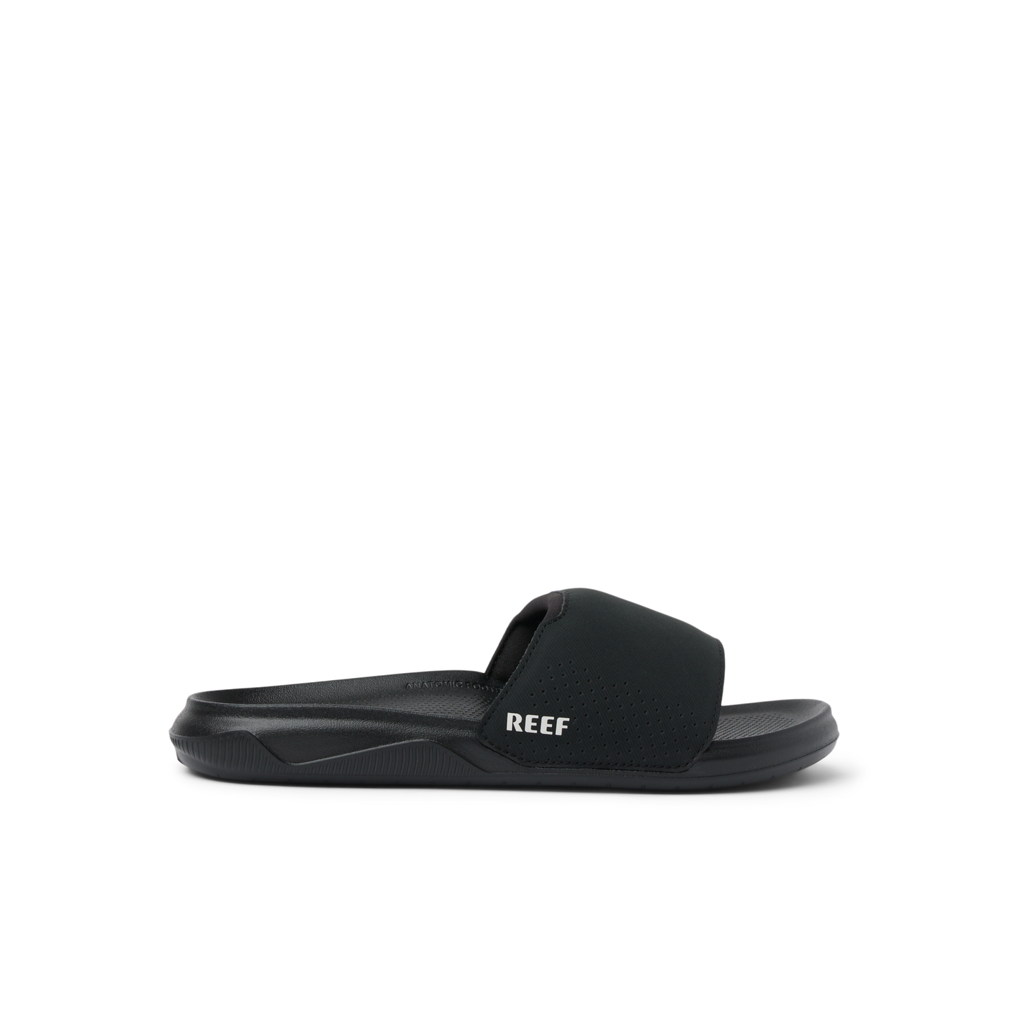 Reef Men's Tailslide black slide sandal with white logo on clean background