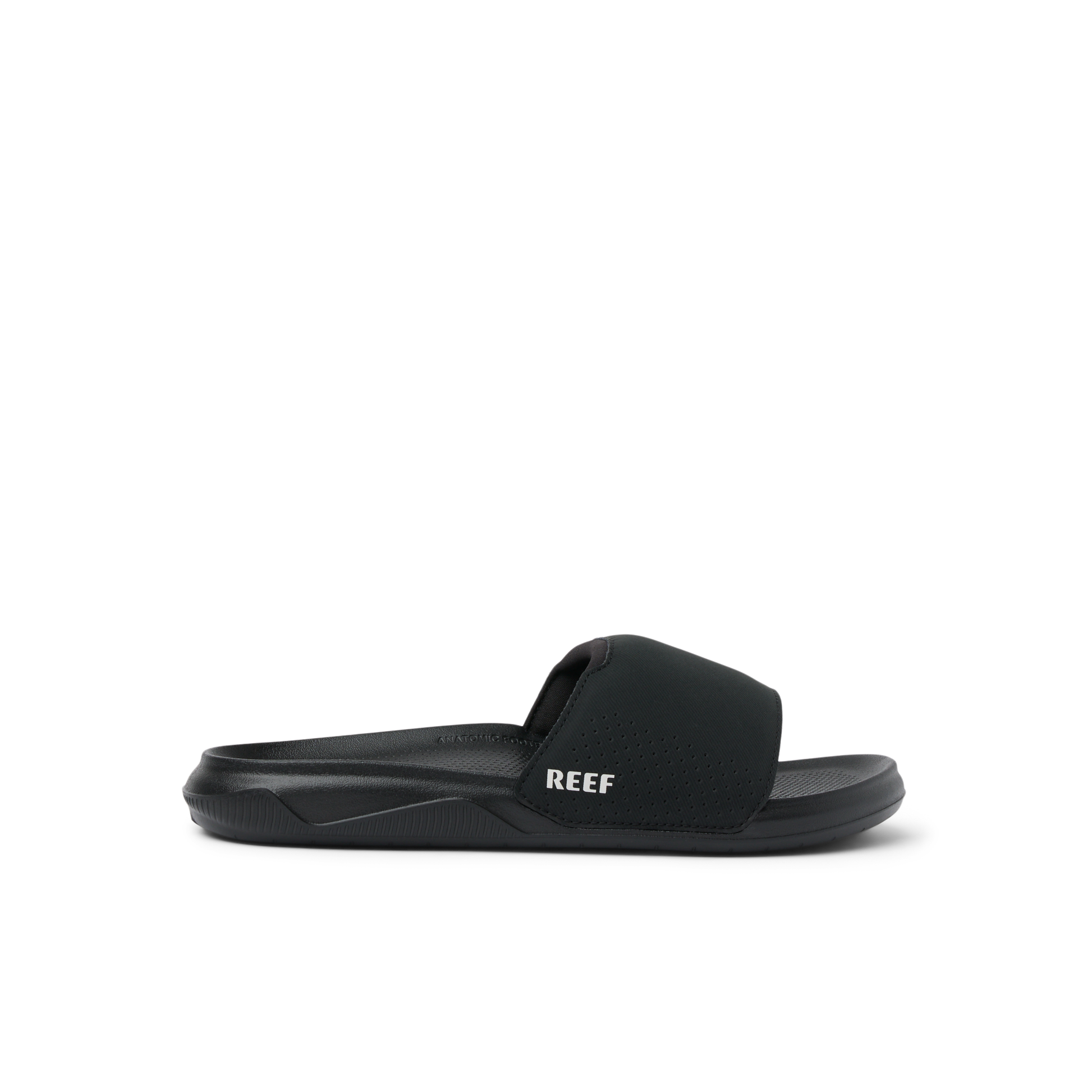 Reef Men's Tailslide black slide sandal with white logo on clean background