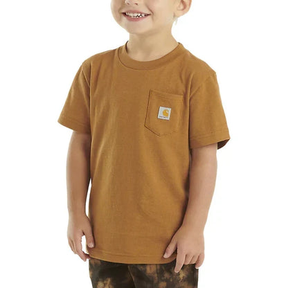 Carhartt Kids short-sleeve brown pocket t-shirt worn by smiling young child