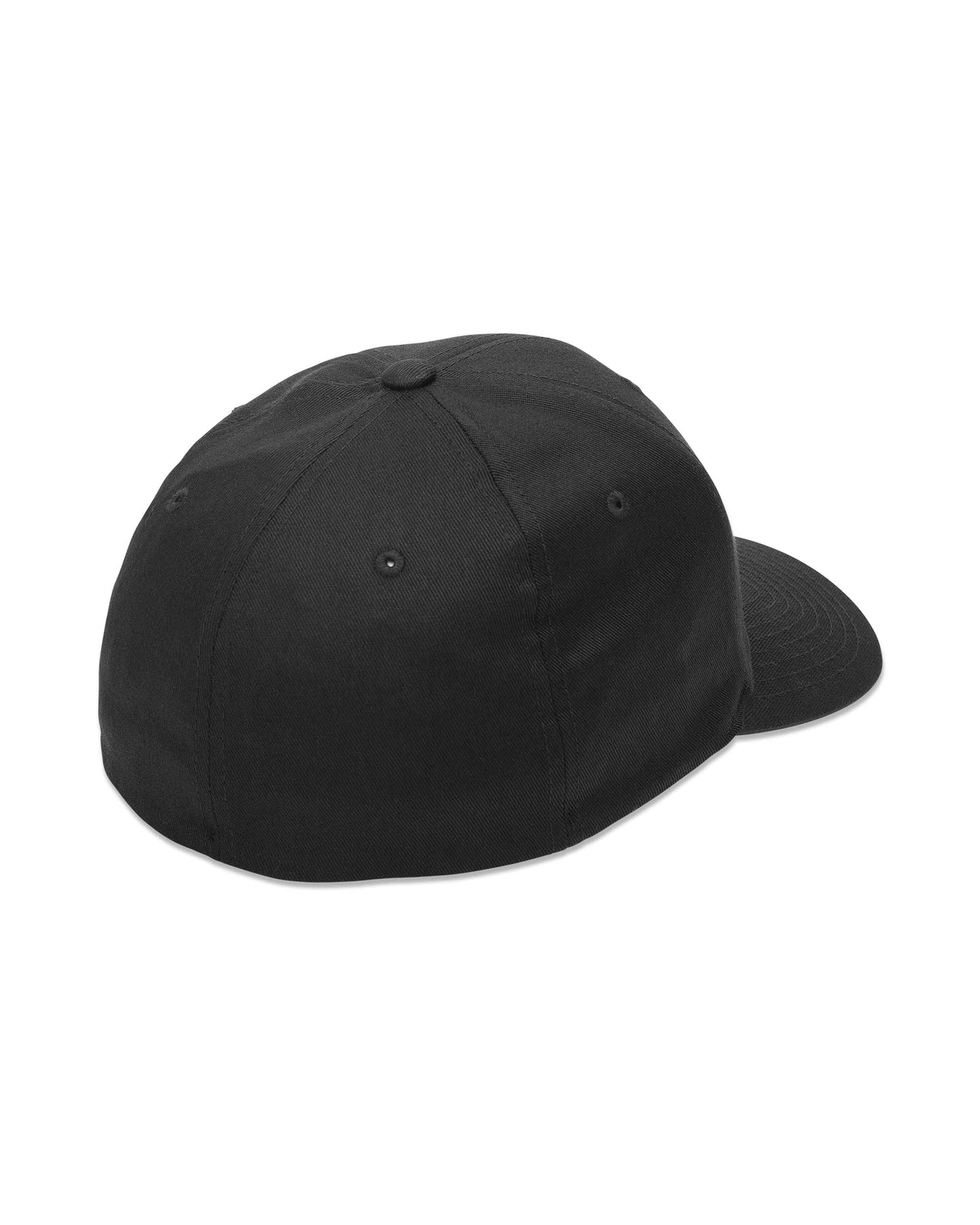 Black Volcom Full Stone Flexfit Hat shown from side angle