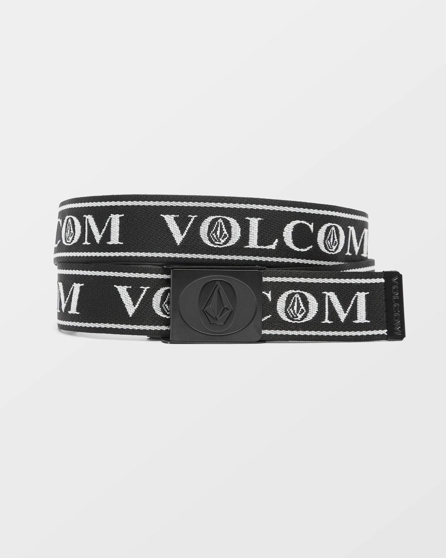 Volcom Stoned Forever Belt in black with white logo text and black buckle