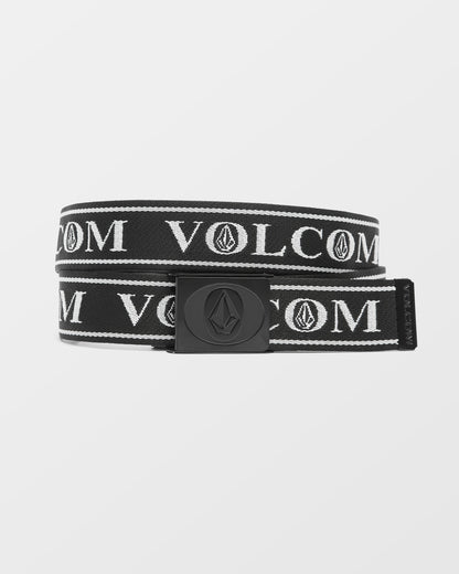 Volcom Stoned Forever Belt in black with white logo text and black buckle