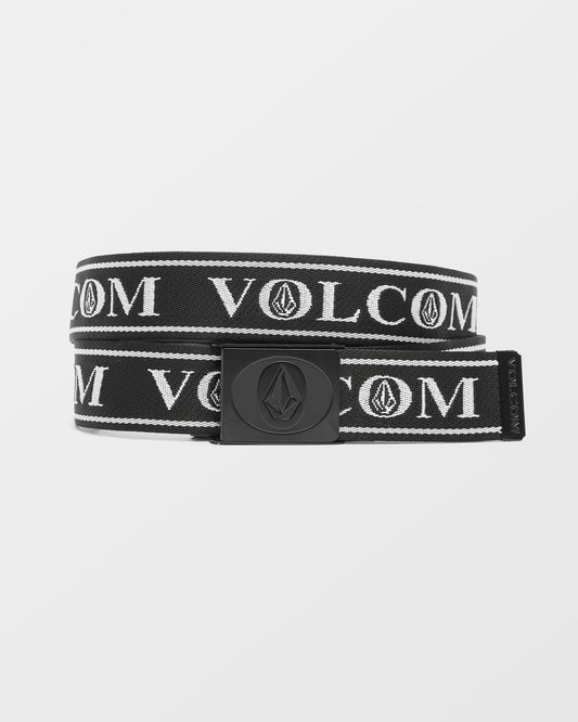 Volcom Stoned Forever Belt in black with white logo text and black buckle