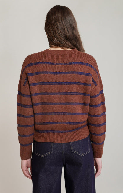 Back view of Dex stripe crewneck sweater in rusty brown with navy blue stripes
