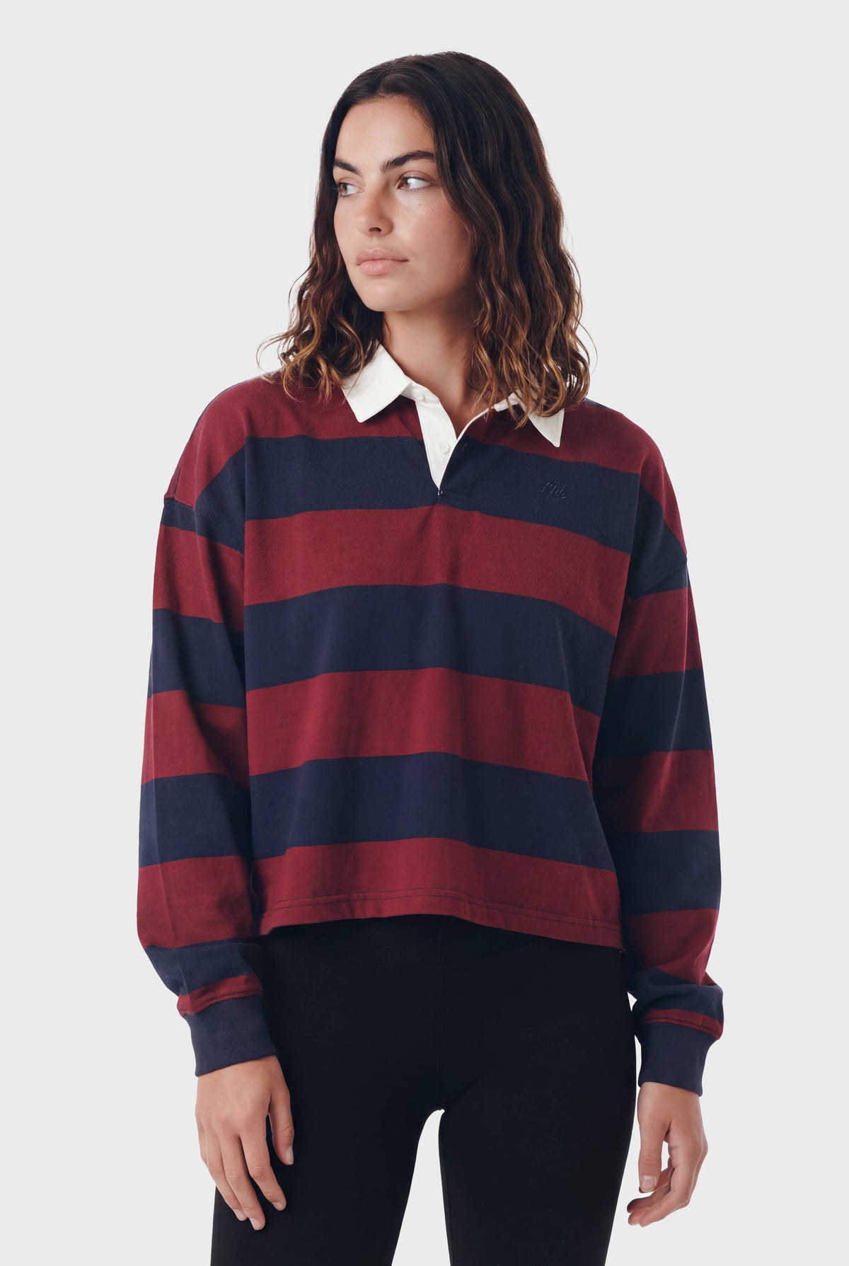 TeamLTD Heritage Rugby Polo in Deep Merlot and navy stripes with white collar