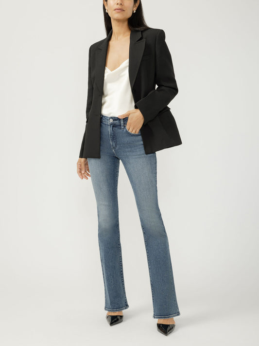 Silver Jeans Most Wanted Skinny Flare in medium blue Bristol wash styled with black blazer