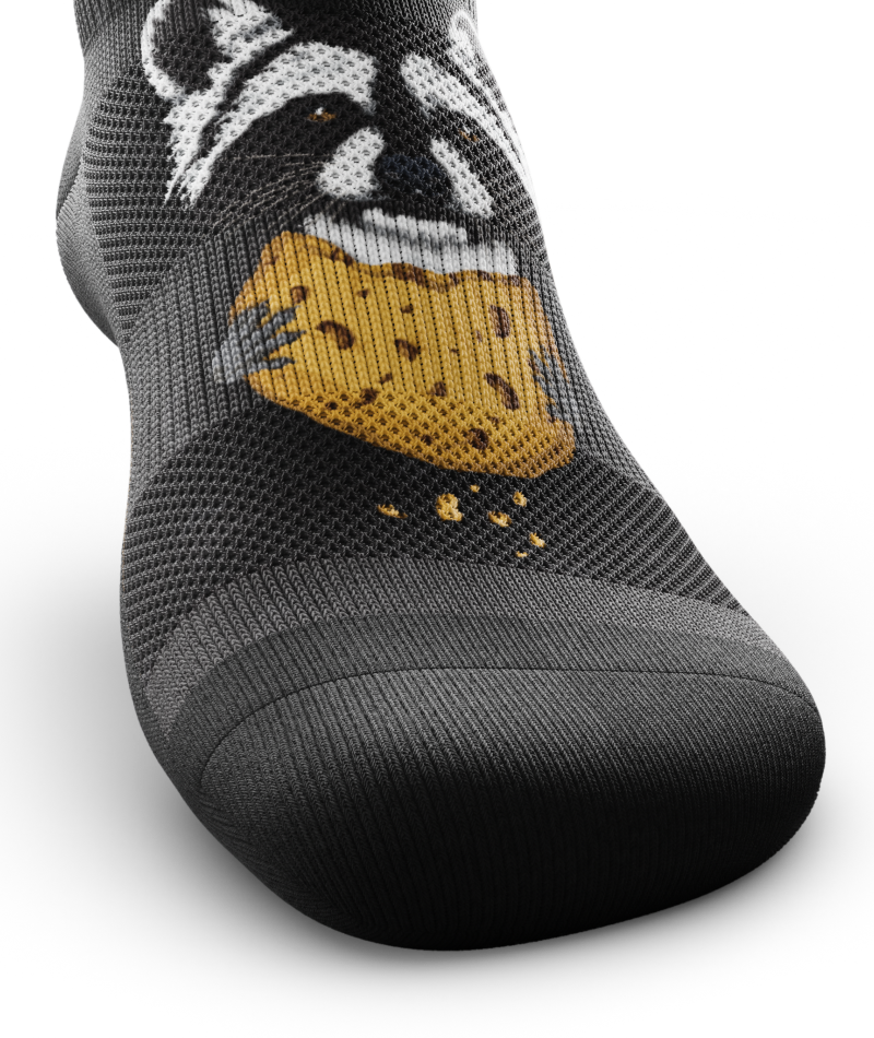 Outway Rad Raccoon Ankle Sock in dark gray with raccoon holding cheese graphic
