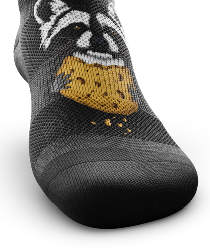 Outway Rad Raccoon Ankle Sock in dark gray with raccoon holding cheese graphic