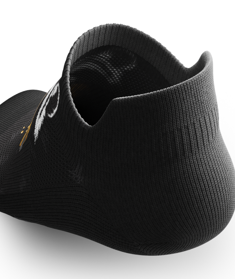Outway Rad Raccoon black ankle sock shown from rear heel angle on white background