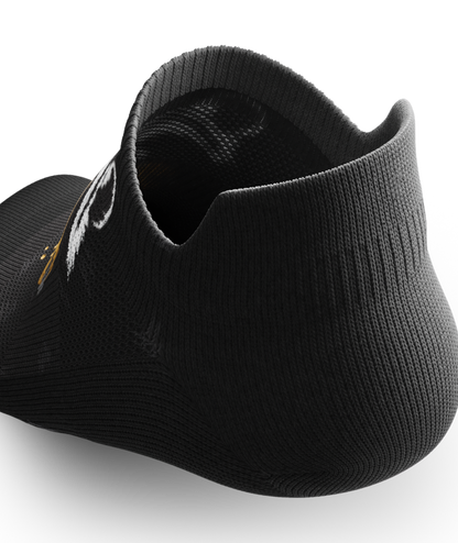 Outway Rad Raccoon black ankle sock shown from rear heel angle on white background