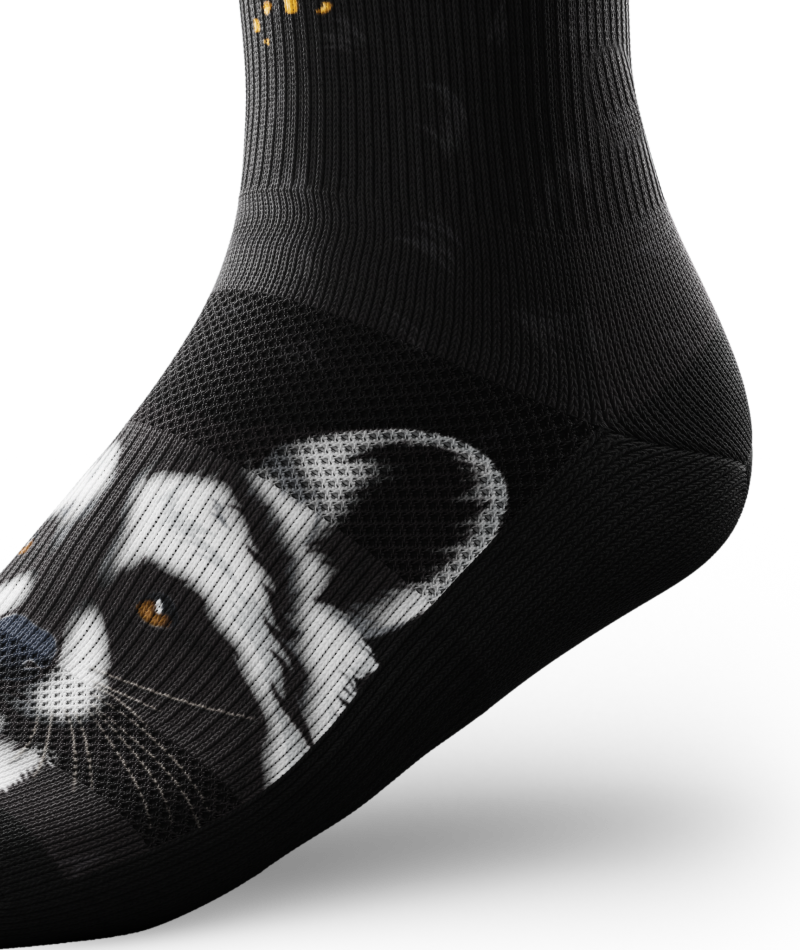 Outway Rad Raccoon Crew Sock in black with detailed raccoon face graphic on foot
