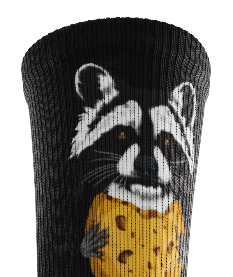 Outway Rad Raccoon Crew Sock in black with detailed raccoon face graphic on cuff