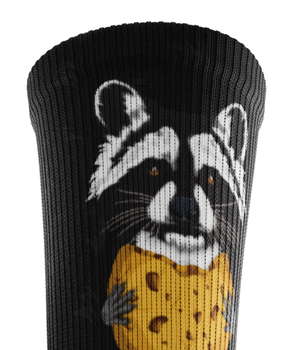 Outway Rad Raccoon Crew Sock in black with detailed raccoon face graphic on cuff