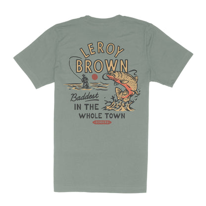 Sendero Leroy Brown sage green t-shirt with fishing graphic and text on back