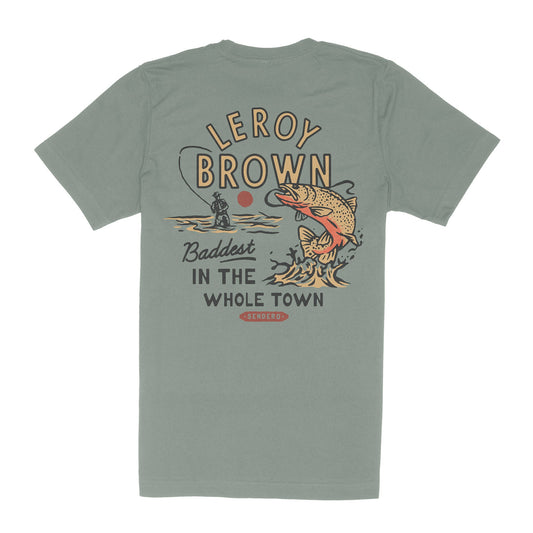 Sendero Leroy Brown sage green t-shirt with fishing graphic and text on back
