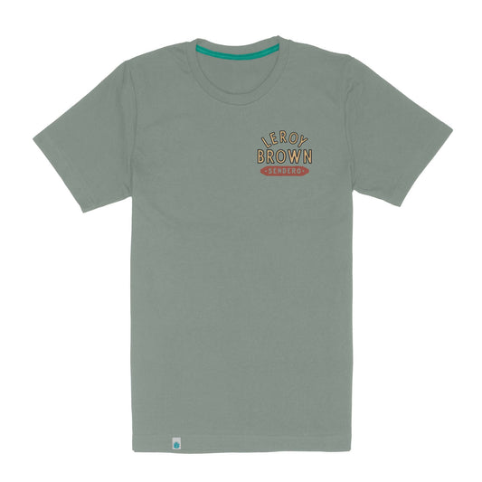 Sendero Leroy Brown sage green t-shirt with orange logo on clean white background