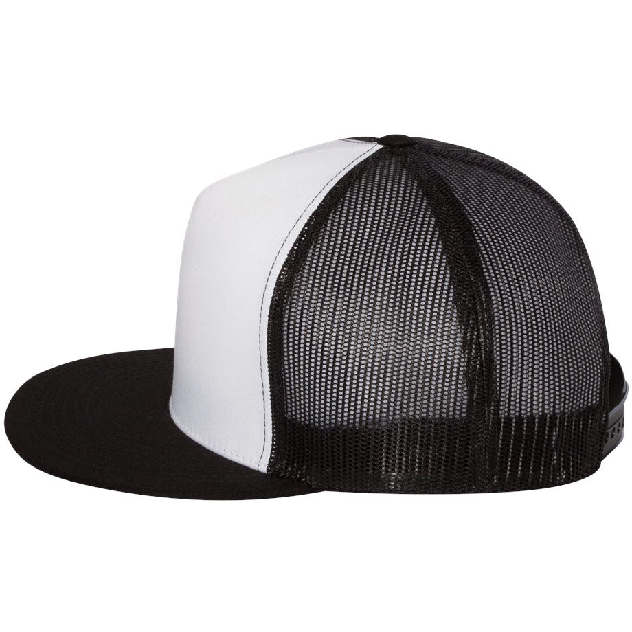 YP Classics flat bill trucker cap with white front panels and black mesh back