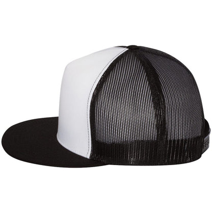YP Classics flat bill trucker cap with white front panels and black mesh back