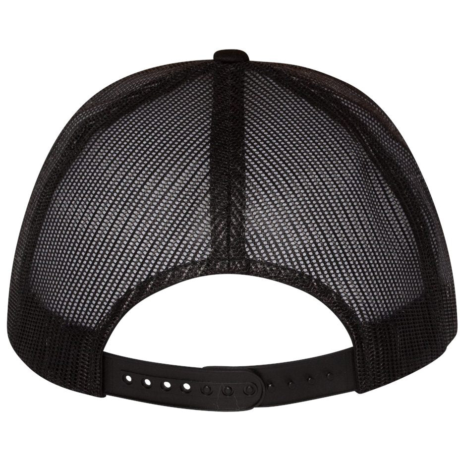 Back view of black flat bill trucker cap with mesh panels and adjustable snapback closure