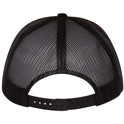 Back view of black flat bill trucker cap with mesh panels and adjustable snapback closure